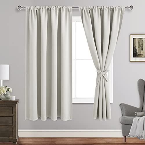 JIUZHEN Blackout Curtains for Bedroom - Thermal Insulated Room Darkening Noise Reducing, 52 x 63 Inch Length Curtains for Living Room, Set of 2 Panels with Tiebacks,Ivory