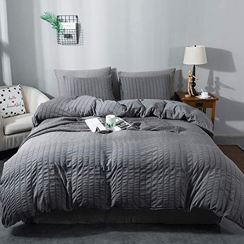 Avelom Dark Gray Duvet Cover Twin Size Bedding (68 x 90 inches)???2 Pieces (1 Duvet Cover, 1 Pillow Case) Stripe Textured Soft Washed Microfiber Grey Duvet Cover with Zipper Closure Corner Ties