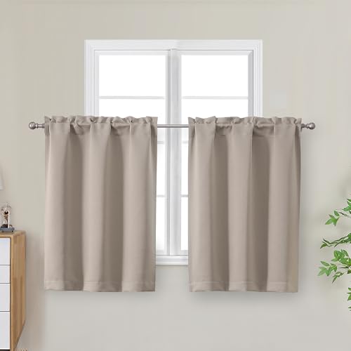 "OWENIE Stone Kitchen Curtains 30 Inch Length, Short Blackout Small Thermal Insulated Curtains Tier Over Sink Rod Pocket Half Window for Bathroom Bedroom Camper RV Bunk, 2 Panels, Each 30"" Wx30 L"