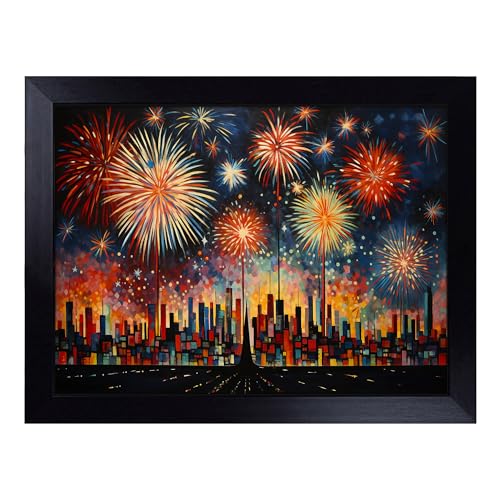 Lap Tray with Bean Bag Cushion, Fireworks Art Deco - Handmade in the UK, Raised Wooden Edge, Padded Cushion, Heat-Resistant Wipe-Clean Surface, for Meals, Laptops and Crafts