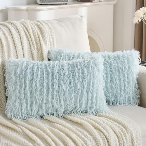 FUTEI Light Blue Decorative Throw Pillow Covers 12x20 Inch Set of 2,Soft Fluffy Faux Feather Texture Lumbar Pillow Cases,Modern Home Luxury Decor for Couch Bed Living Room