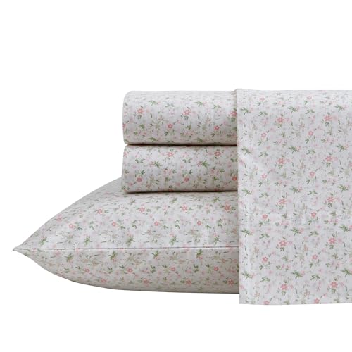 Laura Ashley - Queen Sheets, Cotton Percale Bedding Set, Lightweight & Breathable Home Decor (Evie Pink, Queen)