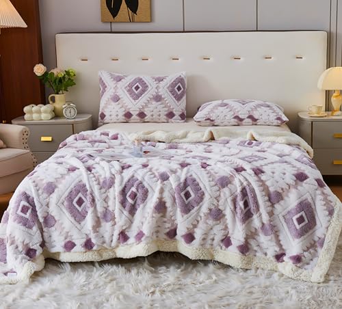 LEVINIS Boho Sherpa Throw Blanket 60'' ?? 80'', Sherpa Fleece Blankets for All Season, Southwestern Aztec Blanket for Bed/Couch/Sofa/Office/Camping, Purple