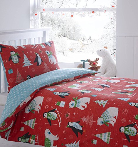 Frosty Friends Quilt Duvet Cover and Pillowcase Bedding Bed Set Christmas Trees Penguins, Red, Toddler