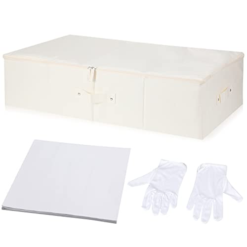 Wedding Dress Preservation Box Kit Dress Storage Box with 1 Microfiber Gloves and 100 Sheets Acid Free Tissue Paper for Storage Wedding Clothing Gown(28 x 15.7 x 7 Inch,Beige, White)