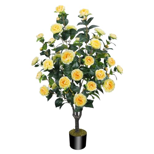 "MHMJON 43.3""/3.6FT Artificial Camellia Trees for Outdoor - Fake Yellow Camellia Silk Flowers Tree with Pot, Tall UV Resistant Faux Outdoor Plants for Front Porch Indoor Home Decor"