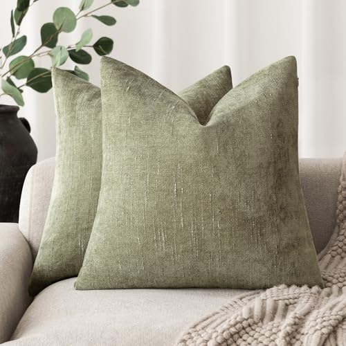 Foindtower Pack of 2 Soft Textured Chenille Throw Decorative Pillow Covers Square Accent Solid Cushion Cover Cozy Neutral Farmhouse Pillow Case for Couch Sofa Bedroom Living Room 18x18 Inch,Sage Green