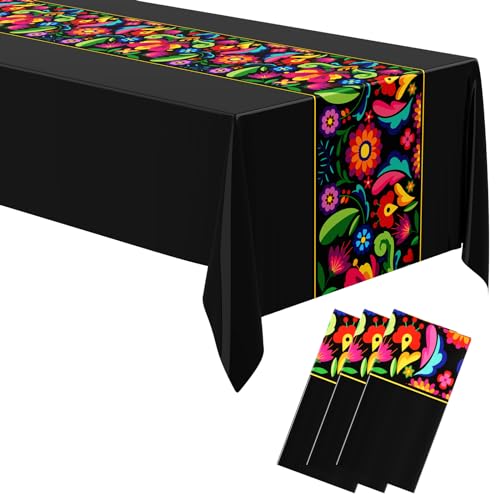 Oudain Mexican Fiesta Tablecloth 108 x 54 Inch Cinco De Mayo Plastic Table Runners Waterproof Disposable Table Cover for Taco Night Festive Mexican Fiesta Wedding Party Decoration(Black,3 Pcs)