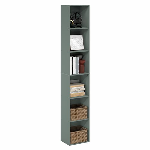 Furinno LUDER Book Shelf, 6-Tier Tall Modern Bookshelf, Bookcase with Open Shelving, Floor Standing Shelves, 23.6 x 30.5 x 180.3 cm, for Living Room, Bedroom, Home Office, Sage Green
