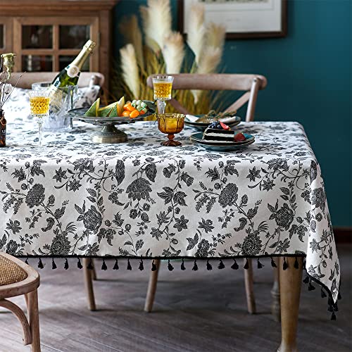 "SUTAVIA Boho Tablecloth Cotton Linen Table Cover Bohemian Table Top with Tassel Vintage for Holiday Party Kitchen Coffee Restaurant Dining Room Indoor Home (Black Flower, Rectangular 60""x104"")"