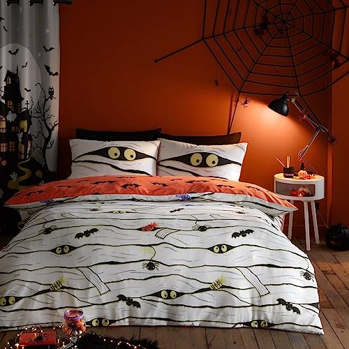 Bedlam Halloween Duvet Cover Double – Glow-in-the-Dark Scary Mummy & Vampire Bats – Reversible Easy Care Bedding Set (200 x 200cm) – Spooky Kids Bedroom Decor, White