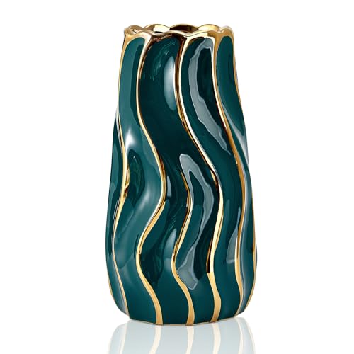 OTARTU Ceramic Vase - Green Vertical Stripe Vases for Home Decor - Tabletop Centerpiece