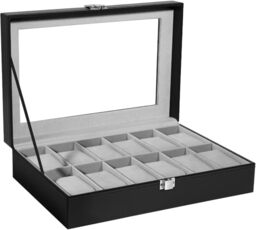 Uten Watch Box 12 Slots, Watch Case with Glass Lid, Watch Display Storage Box for Men and Women, Removable Watch Pillows, Metal Clasp, Black Synthetic Leather, Grey Velvet Lining, Gift Idea
