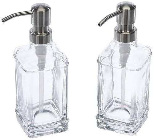 Versatile Glass Soap Dispenser Bottle with Pump, 12 Oz Dripless Stainless Steel Pump Bottle, Refillable Liquid Hand Jar Dispenser for Bathroom, Countertop, Kitchen with 8 Waterproof Labels -2 Pack