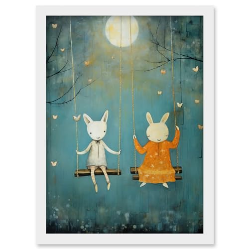 Artery8 Rabbits on a Swing with Moonlit Butterflies Calming Baby Nursery Artwork Framed Wall Art Print A4
