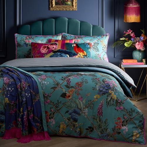 Laurence Llewelyn-Bowen - Teal Floral & Trellis Duvet Cover - Double Bedding Size (200 x 200cm) - Reversible Designs - Soft 100% Cotton - 200 Thread Count - Luxury Bedding Set - 2 Pillowcases