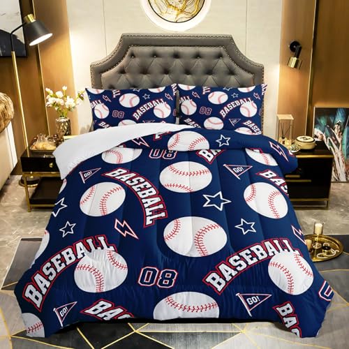 QOOMO 3D Baseballs Comforter Full Size,Blue Baseball Kids Bedding Set,3Pcs Bedding Set Printed Comforter with 2 Pillowcases,Down Alternative,Soft and Lightweight,for All Seasons