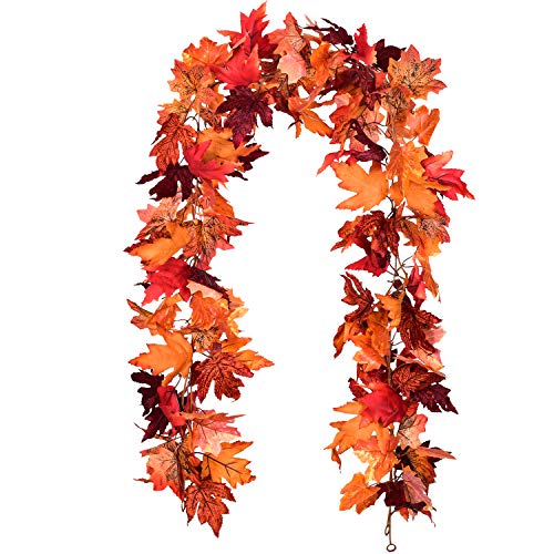 DearHouse 2 Pack Maple Leaf Garlands Autumn 1.8m/Piece Vine Hanging Garland Artificial Foliage Thanksgiving House Decor Wedding Fireplace Party Christmas Red