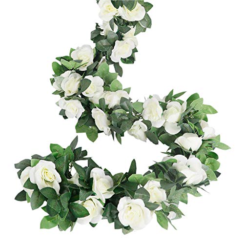 LESING Rose Garlands Artificial Rose Vines, 4PCS(28.8FT) Fake Silk Flower Vines with Greenery Plants for Wedding, Home, Office, Arch, Garden Decoration (White)
