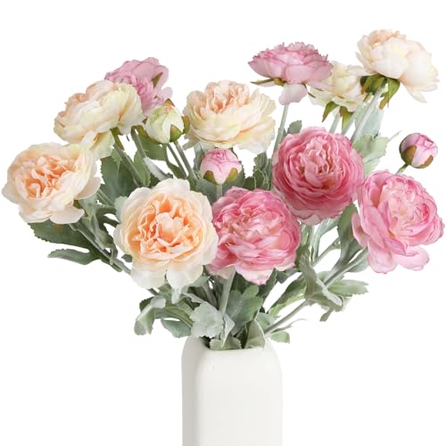"IPOPU Artificial Peonies 6pcs Ranunculus Silk Flowers 18Heads Pink Flowers Combo Champagne Fake Flowers 20.47"" Faux Floral Arrangements Wedding Decorations for Home Kitchen (Champagne&Pink)"