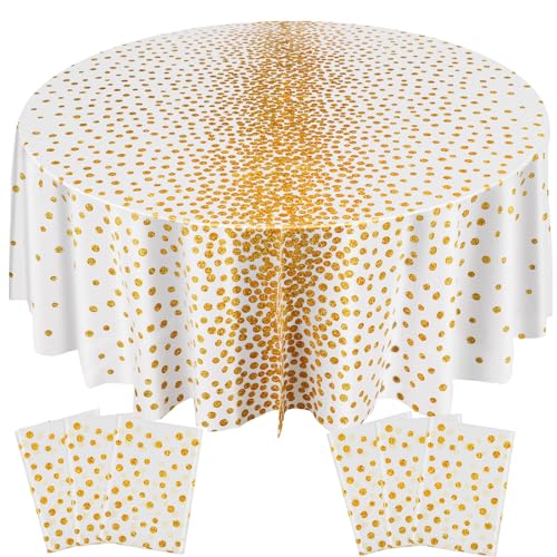 VitalCozy 6 Pcs Round Dot Tablecloth 84 Inch Plastic Table Cover Polka Dot Confetti Tablecloths for Halloween Fall Thanksgiving Wedding Birthday Party Supplies (White and Gold)