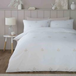 Serene - Leaf Embroidery Duvet Cover - Single Bedding Size (140 x 200cm) - 1 Pillowcase - Sustainable Recycled Polyester - White Bedding with Leaf - Floral Embroidered Duvet Cover - Natural/White