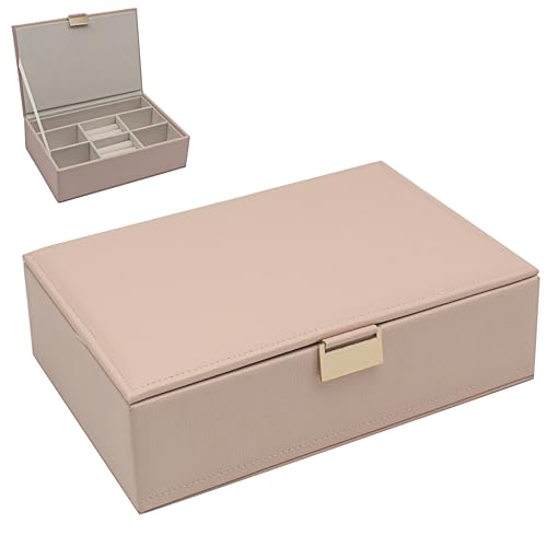 Lesser & Pavey Square Pink Faux Leather Lockable Jewellery Box - Organised Compartments, Secure Lock, Compact Travel Storage, Soft Interior, Memorable Present