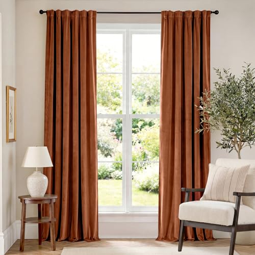 Lazzzy Burnt Orange Velvet Curtains Thermal Insulated 96 Inch Room Darkening Window Drapes Super Soft Luxury Curtains for Living Room Bedroom Rod Pocket, 2 Panels