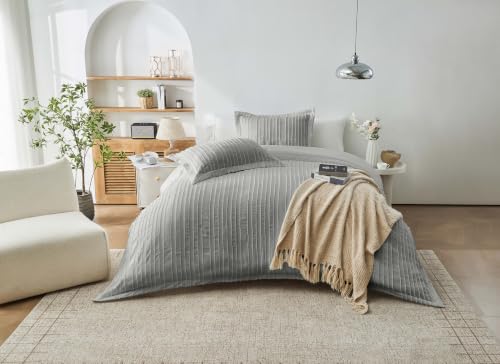 GC GAVENO CAVAILIA Striped Double Duvet Cover Set With Pillow Cover, Grey - Breathable, Soft Thick, Reversible Plain Stitch Bedding Double Bed Set - Washable Tufted Quilt Cover Button Closure,200x200cm