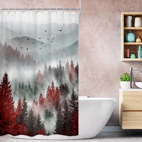 "Riyidecor Stall Half Small Rv Red Black Bathroom Shower Curtain Set - 36""W x 72""L shower curtain??? Mountain Single: HD waterproof print, quick-dry cloth, free hooks for easy installation."