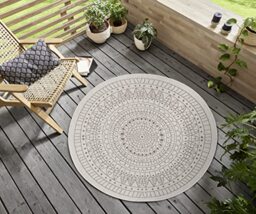 Hanse Home Northrugs Porto Indoor and Outdoor Rug Round Reversible Rug Waterproof Mandala Design Flatweave Rug Weatherproof for Balcony Patio Garden Living Room in Linen Diameter 100 cm