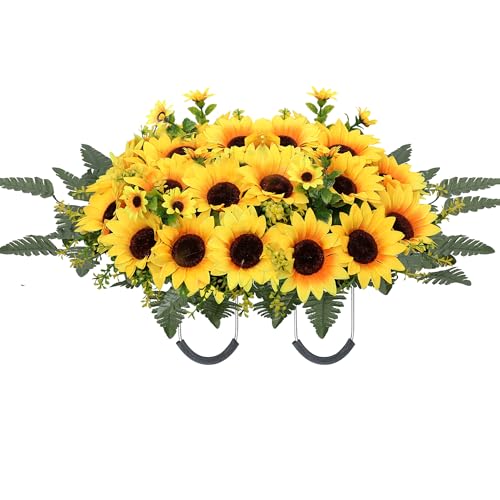 Lodou Artificial Cemetery Flowers for Grave,Headstone Flower Saddle Silk Sunflowers Grave Flowers for Cemetery Memorial for Outdoor Gravesite Decoration (Yellow)