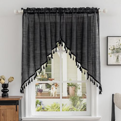 Beda Home Tassel Linen Textured Swag Curtain Valance for Farmhouses??? Kitchen Light Filtering Rustic Short Swag Topper for Small Windows Bedroom Privacy Added Rod Pocket Design (36W x 45L, Black)