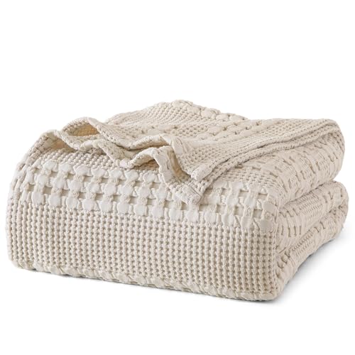 PHF 100% Cotton Waffle Weave Blanket King Size (230 x 270cm) for Home Decorations - Textured, Breathable, Skin-Friendly, Moisture Absorption Blanket for All Season - Perfect for Couch Bed Sofa Khaki