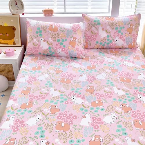 Homilay Kids Queen Sheet Sets for Girls Teens - 4 Piece Cute Rabbit Breathable Soft Microfiber Bed Sheets - Easy Fit Deep Pockets Wrinkle Free - Cartoon Cozy Toddler Bedding Sets