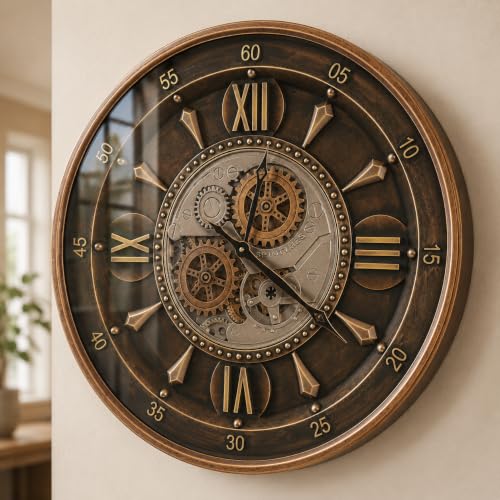 24 Inch Wall Clock with Moving Gears Large Industrial Steampunk Metal Clock Antique Gold Oversized Farmhouse Decor Wall Clock for Living Room Home Office(Gold with Roman Numerals)