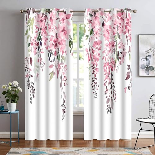 EOTDMS Pink Watercolor Floral Curtains 84 inches Long, Botanical Leaves Vine Flowers Rustic Farmhouse Curtains, Blackout Window Treatment Drapes for Bedroom Living Room 52x84inch, 2 Panels