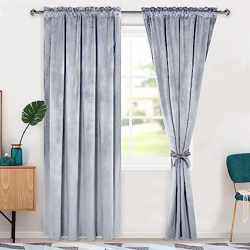 Hiasan Velvet Curtains 90 inches-Blackout Thermal Insulated Solid Soft Curtains for Bedroom Living Room Rod Pocket Room Darkening 2 Panels Window Drapes with Tiebacks, 52W x 90L, Silver Grey