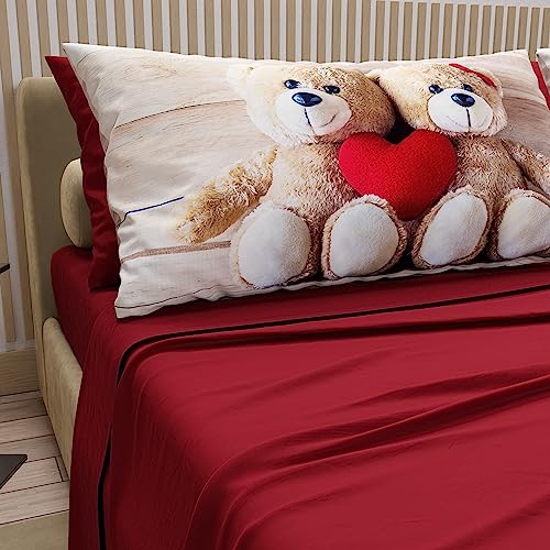PETTI Artigiani Italiani - Cotton Sheets with Pillowcases in Digital Print, French Queen, Complete Top and Bottom Sheet with Corners, Bordeaux, 100% Made in Italy