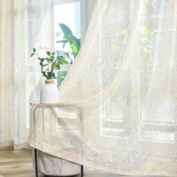 TERLYTEX Metallic Gold Sheer Curtains 96 Inches Long 2 Panels, Gold Shimmer Taupe Sheer Curtains for Living Room, Rod Pocket Privacy Light Filtering Sparkle Curtain Drapes, 52 x 96 Inch, Gold Taupe