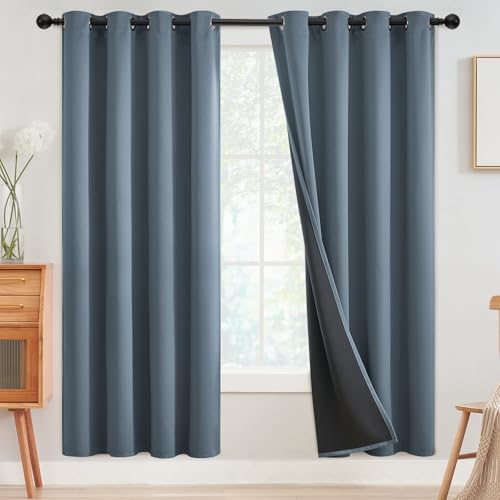 SimpleHome Stone Blue 100% Blackout Curtains Room Darkening Living Room 72L - Curtains for Bedroom,Thermal Insulated Grommet Window Drapes,Curtains for Living Room with Black Back,52 x 72 Inch,2 Panels