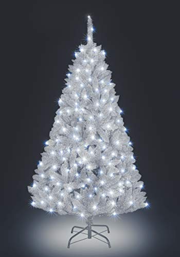 7ft/2.1m Pre-Lit White Bushy Imperial Pine Artificial Deluxe Christmas Tree Hinged Branches 1084 Pencil Point Tips with 300 White LEDs Metal Stand Xmas Home Decorations