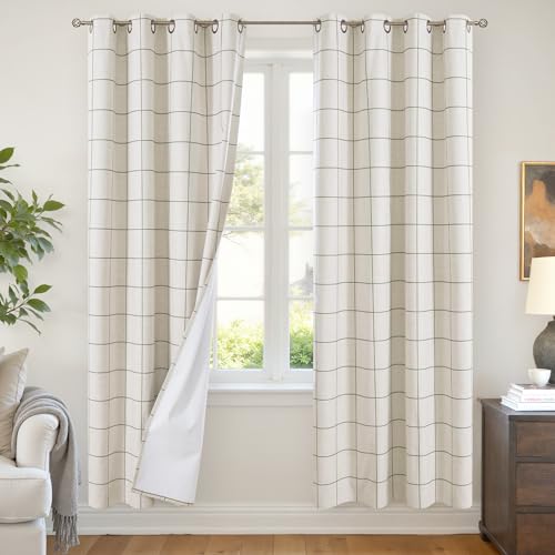 Lajode Linen Blackout Curtains for Living Room - Checkered Plaid Curtains with 72 Inch Long, Black Out Thermal Insulated Gingham Drapes with Stripe Pattern for Bedroom 52x72 Inch 2 Panels, Dark Green