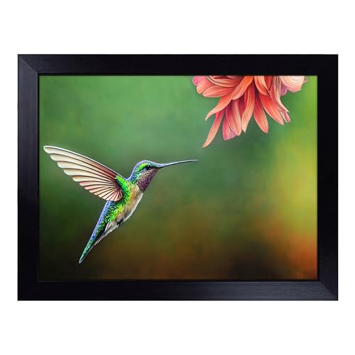 Lap Tray with Bean Bag Cushion, Floral Hummingbird Art - Handmade in the UK, Raised Wooden Edge, Padded Cushion, Heat-Resistant Wipe-Clean Surface, for Meals, Laptops and Crafts