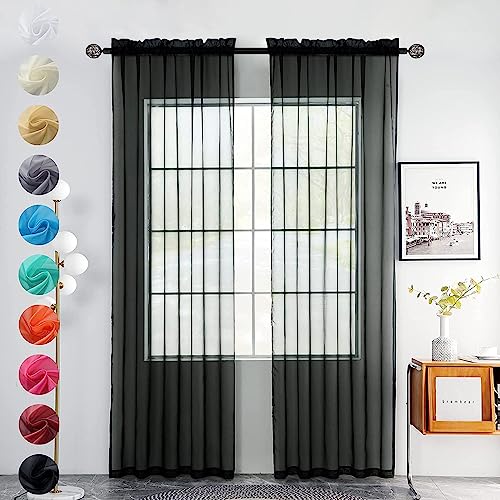 youleyar Solid Sheer Rod Pocket Curtain Voile Draperies 2 Panels White Beige Black Grey Coffee 70 Inch Width 84 Inch Long 1 Pair for Kitchen Bedroom Children Living Room Yard(Black,70W???84L)