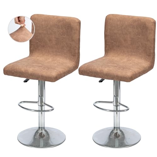 FUANGUI Bar Stool Covers Set of 2, Faux Leather Looking Stretch Bar Stool Chair Cover Slipcovers, Counter Stool Bar Chair Covers for Kitchen Pub Dining Room Retro Style Home Deco- Light Brown