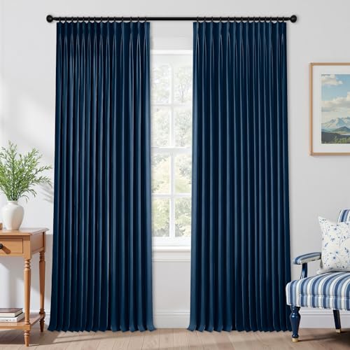 Mrs.Naturall Navy Blue Pinch Pleated Linen Blackout Curtains 42 by 90 for Dining Room