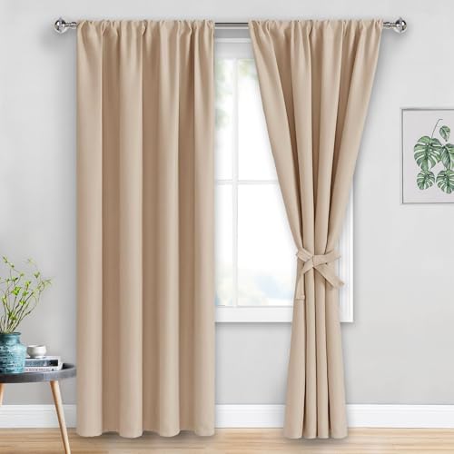 JIUZHEN Blackout Curtains for Bedroom - Thermal Insulated Room Darkening Rod Pocket Curtains for Living Room, Set of 2 Panels with Tiebacks, 42 x 84 Inch Length, Beige