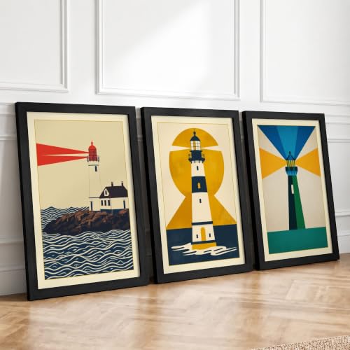 Lighthouse Beacons Art Deco Set of 3 Framed Wall Art Prints A3