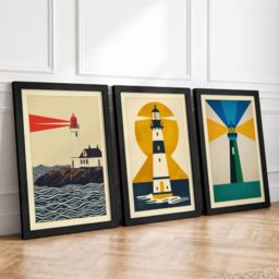 Lighthouse Beacons Art Deco Set of 3 Framed Wall Art Prints A3